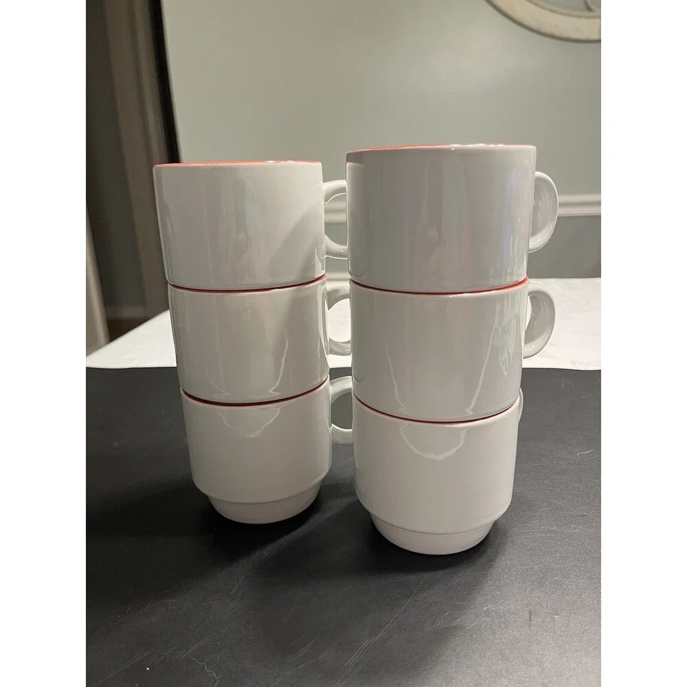 Set of 6 Crate & Barrel Stoneware Red White Stackable Coffee Mug Cups